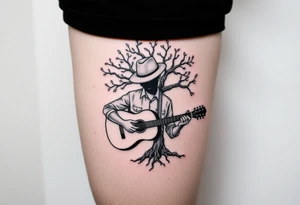 Man with hat but cant see face 
playing acoustic guitar underneath tree of life concept style tattoo idea