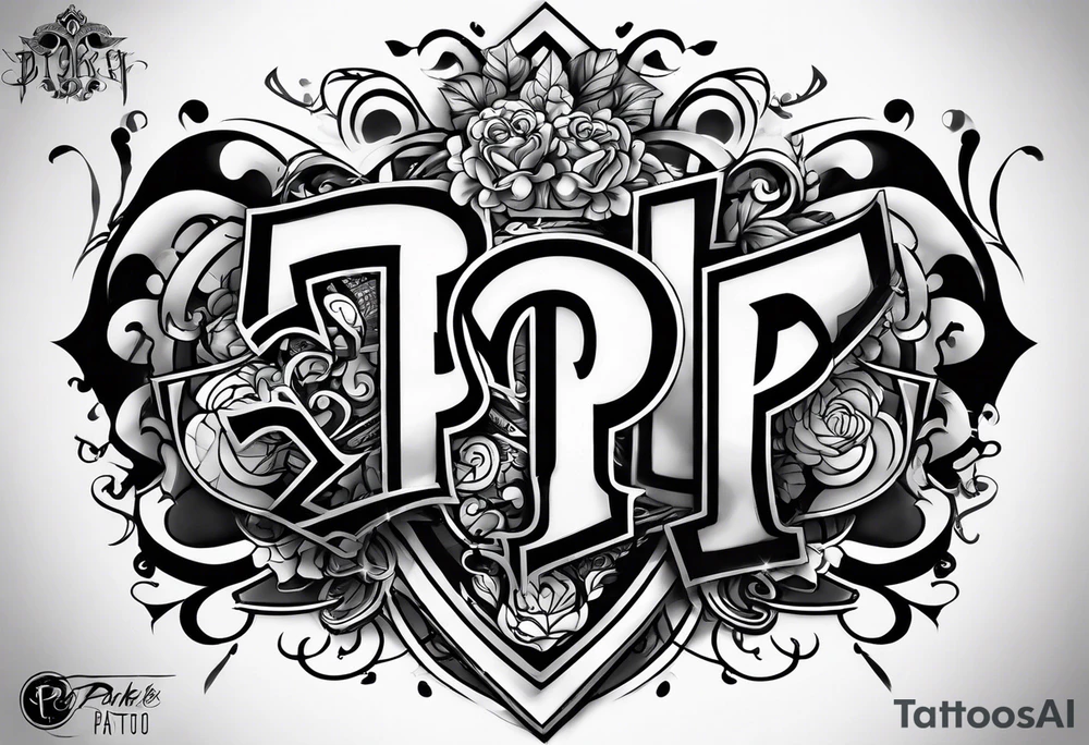 Graffiti style tattoo with the letters “P” and “P”, which represent our two boys Parker and Paxtyn tattoo idea