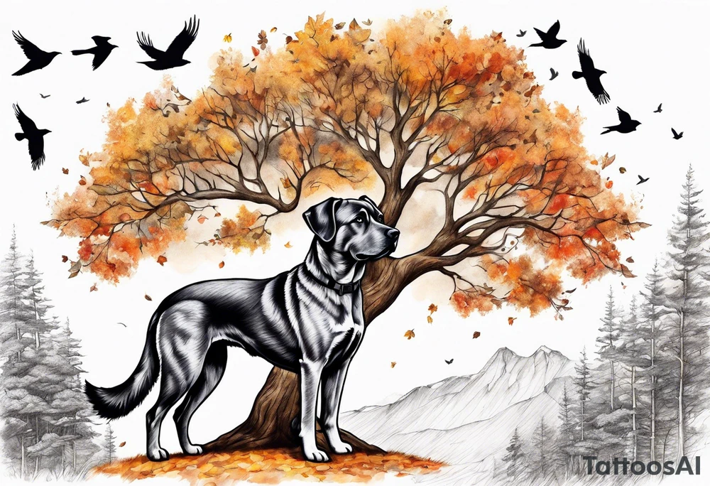 Autumn tree with medium grey brindle dog sitting to the right facing it and looking up at it and birds flying out the top of it tattoo idea