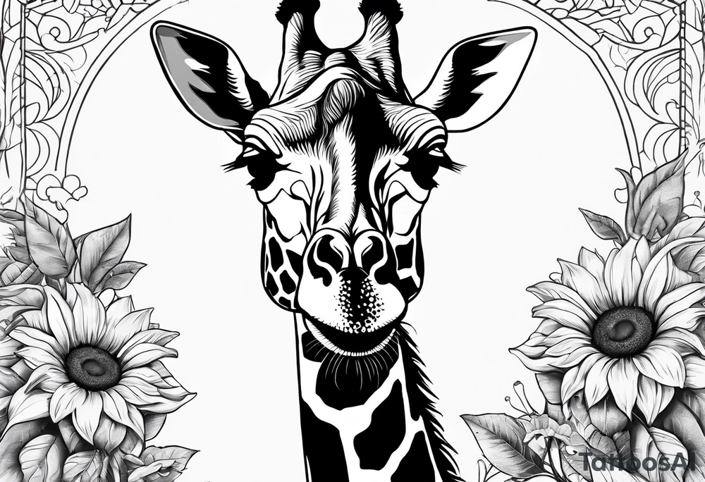 giraffe front view with sunflower and leafs tattoo idea