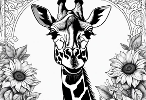 giraffe front view with sunflower and leafs tattoo idea