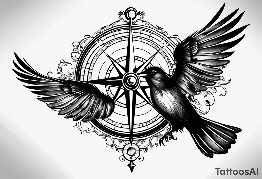 Simple compass with three black birds flying by north tattoo idea