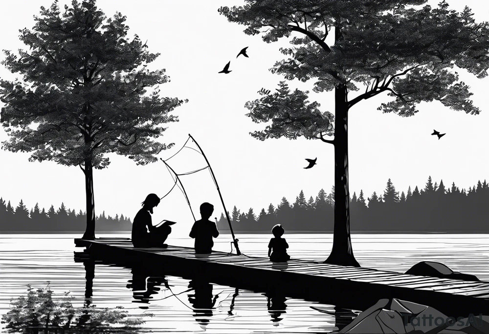 forearm tattoo set on a dock on a lake. There is a little boy sitting next to a little girl. The little boy is fishing and the little girl is reading. There are trees surrounding the lake. tattoo idea