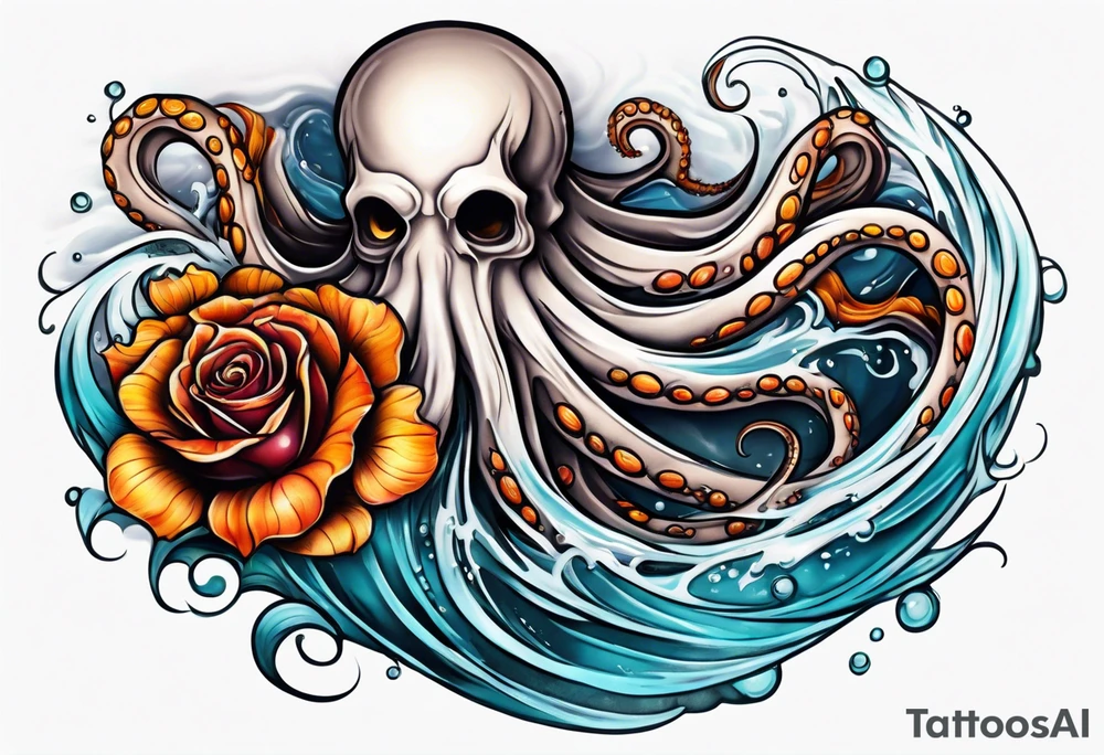 Left thigh tattoo with an octopus in water swirls wrapping around rocks, a rose, in fall colors tattoo idea