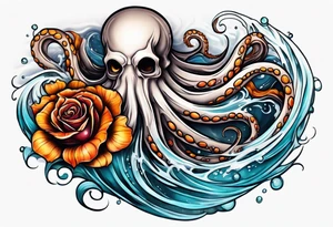 Left thigh tattoo with an octopus in water swirls wrapping around rocks, a rose, in fall colors tattoo idea