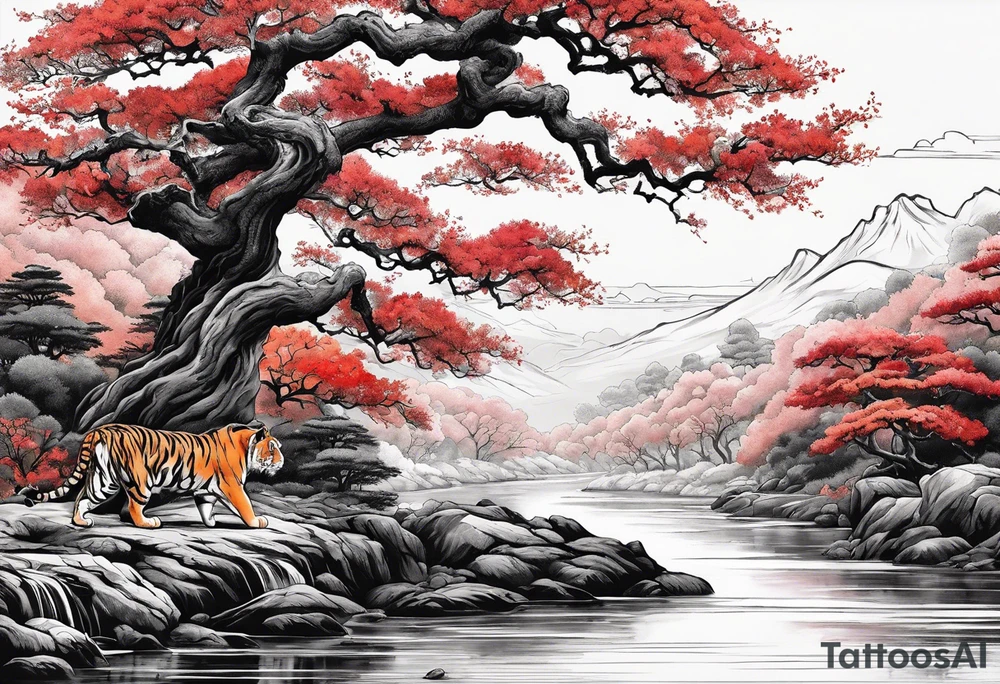 Red japanese oak tree next to a river with a tiger sitting next to it as a sleeve tattoo idea