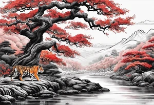 Red japanese oak tree next to a river with a tiger sitting next to it as a sleeve tattoo idea