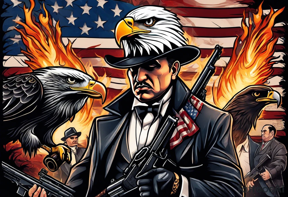 capone style gangsters battling with machine guns against a dark flame background with an angry eagle swooping in with american flag and sexy women tattoo idea