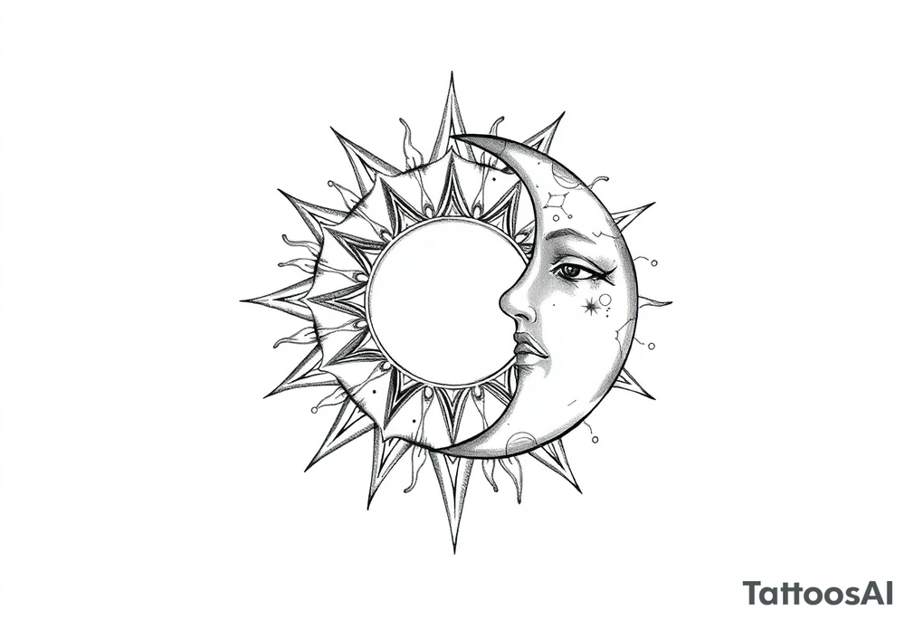 celestial sun and moon embrace with constellation patterns tattoo idea