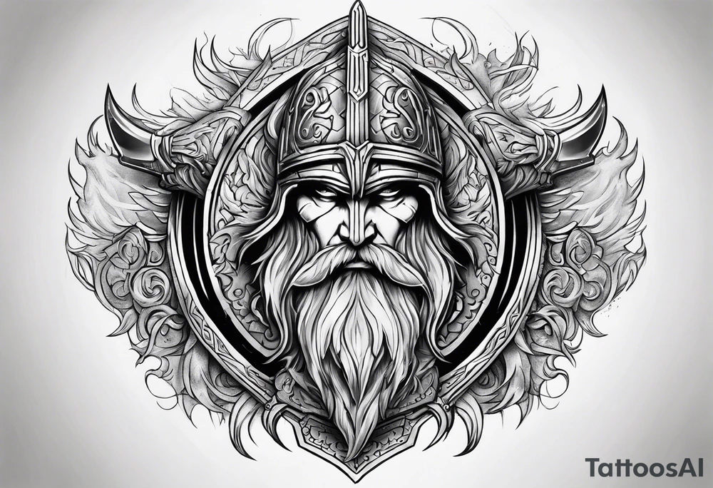 Valhalla sword shield fire fog tattoo idea