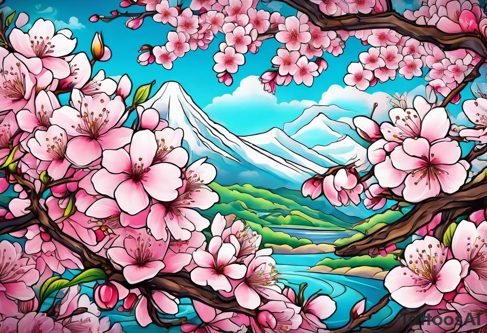"Life Goes On" pink cherry blossoms with lots of color tattoo idea