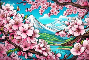 "Life Goes On" pink cherry blossoms with lots of color tattoo idea