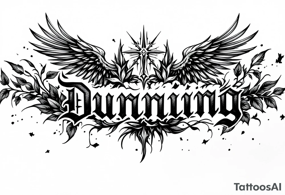 Dunning,on left arm details include angel wing, greek type of font,jungle leaves , tiger claw scratch tattoo idea