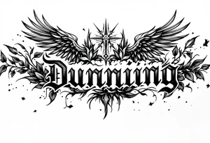 Dunning,on left arm details include angel wing, greek type of font,jungle leaves , tiger claw scratch tattoo idea