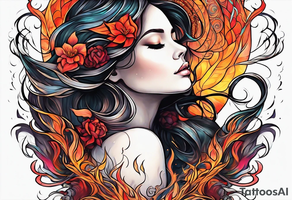 Resurrection strength and courage overcoming trauma Beautiful Woman walking away from 
fire and chaos to inner peace and self-love  ethereal tattoo idea