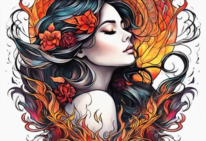 Resurrection strength and courage overcoming trauma Beautiful Woman walking away from 
fire and chaos to inner peace and self-love  ethereal tattoo idea