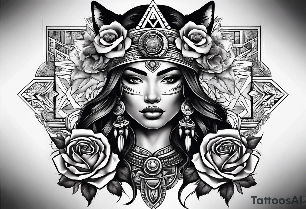 Aztec woman wrapped in roses with a wolf tattoo idea