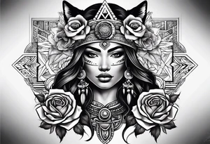 Aztec woman wrapped in roses with a wolf tattoo idea