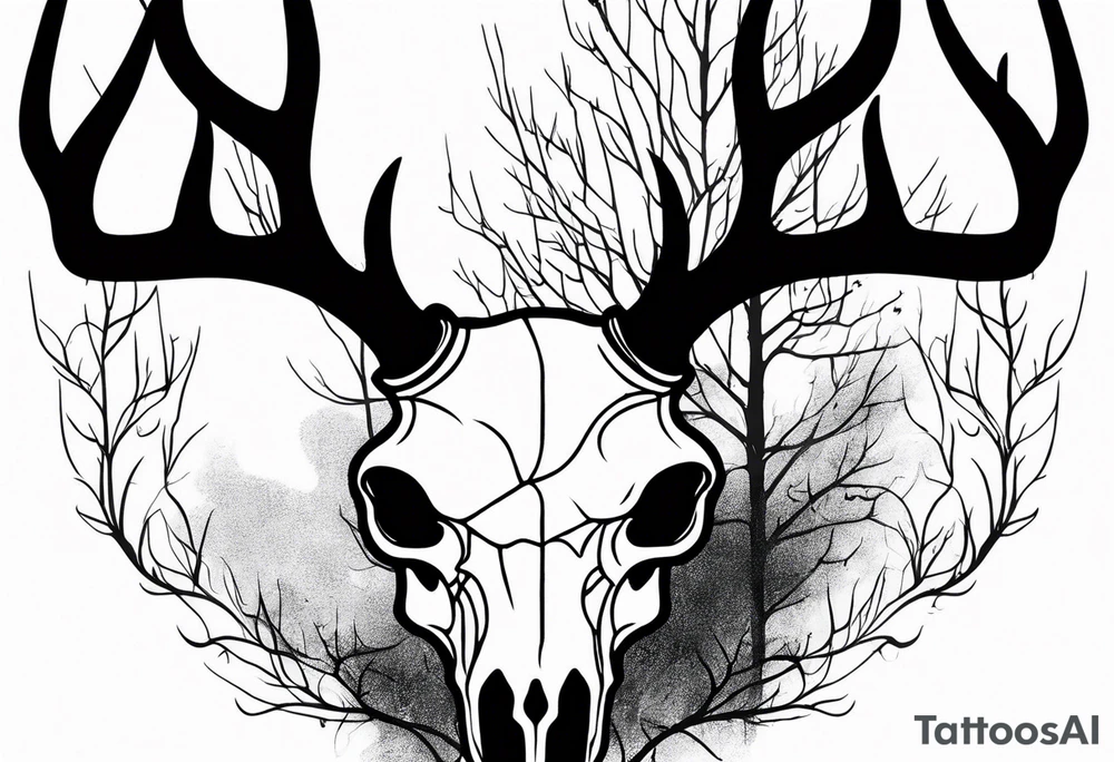 Scary side profile of a DECAYING deer skull JUST BONE surrounded by a flames and trees in background tattoo idea