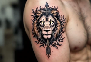 a spiritual lion with yellow eyes that come down an arrow and surrounded by a olive tree leaf around tattoo idea