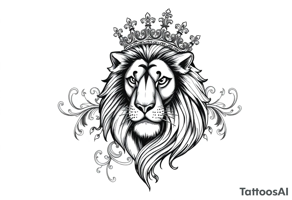majestic lion wearing ornate crown, surrounded by baroque flourishes tattoo idea