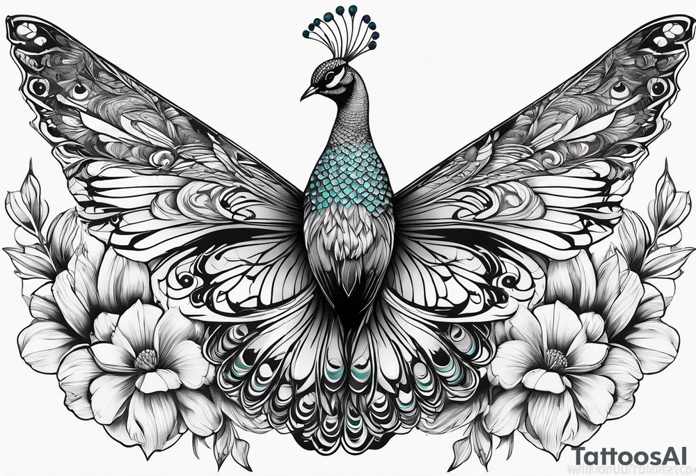 Peacock feather, butterfly, narcissus flower and hummingbird calf tattoo idea