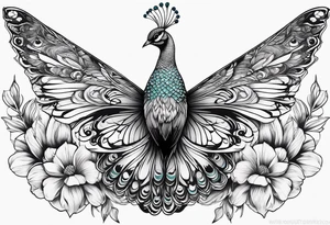 Peacock feather, butterfly, narcissus flower and hummingbird calf tattoo idea