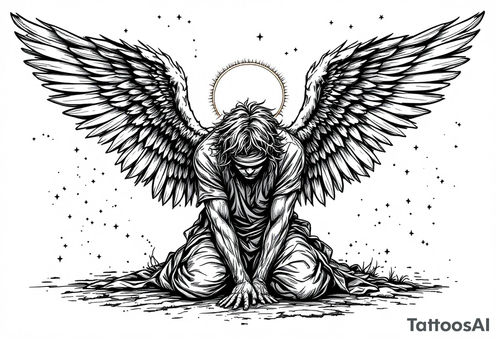 fallen angel on knees down head lookingground, 
Blindfold,
While his grateful half opened wings scattered in the sky,
With shining halo tattoo idea