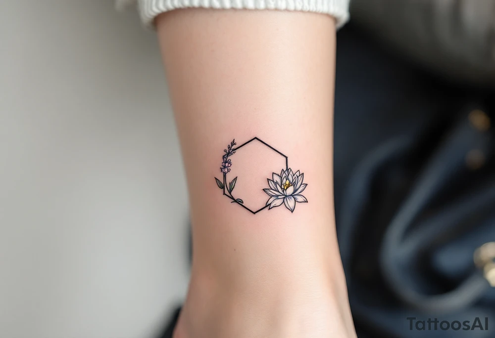 Leo sign, larkspur and water lily surrounded by a hexagon tattoo idea