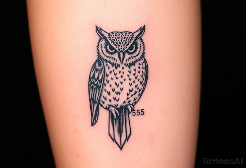 ovo drake owl with time stamp 5:55 behind it like a shadow top to bottom on calf tattoo idea