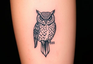 ovo drake owl with time stamp 5:55 behind it like a shadow top to bottom on calf tattoo idea
