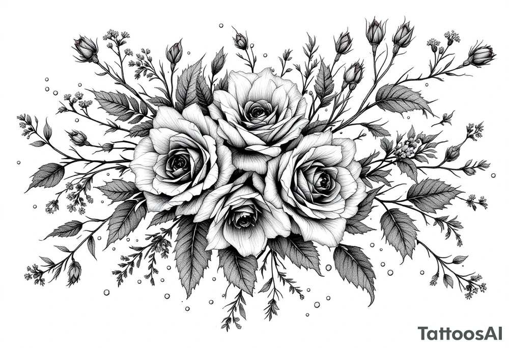 vintage bouquet of wild roses and meadow flowers with morning dew tattoo idea
