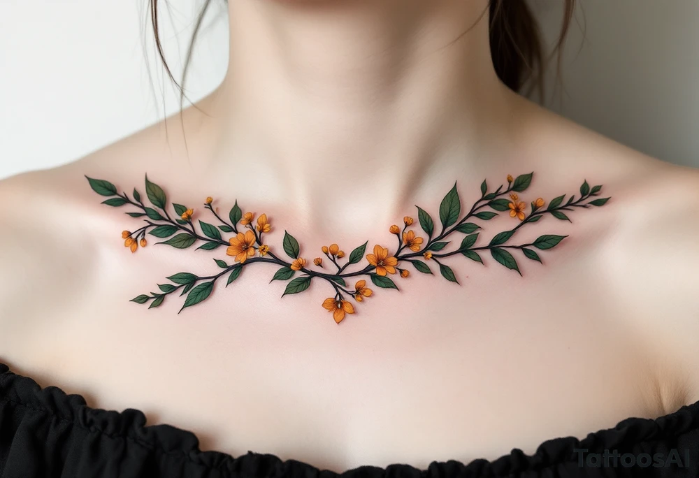 Two separate collarbone tattoos of long branches covered with orange, yellow and dark forest green leaves and flowers, academia, witchy, muted, delicate and gentle but moody, following the collarbone. More muted, not so bright, darker colors. Fewer amount of leaves, larger leaves. Less flowers and leaves. tattoo idea