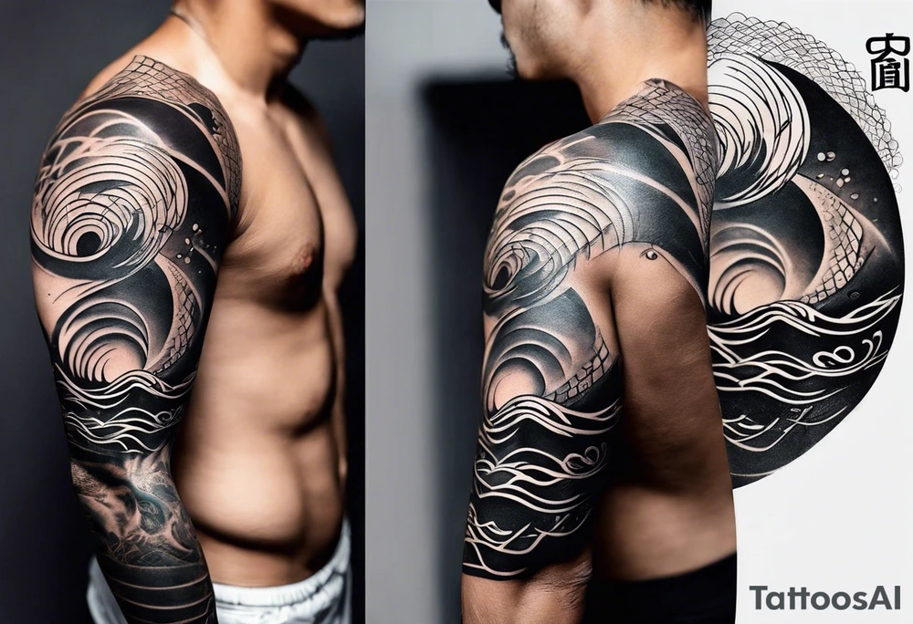 full sleeve tattoo - enso on shoulder, waves and arm band on forearm. the rest should be japanese inspired tattoo idea