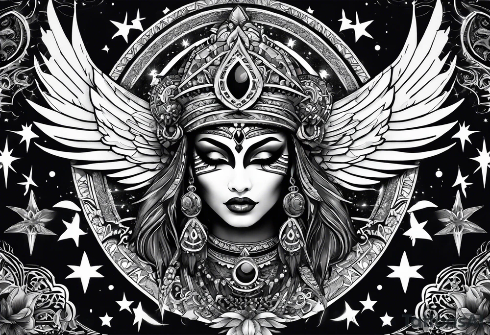 black kali, goddess pirate, alien, pachamama, valkrye, warrior, skull, lotus azul, wing, eagle, zenza resonance, stars, 5D, anahata chakra tattoo idea