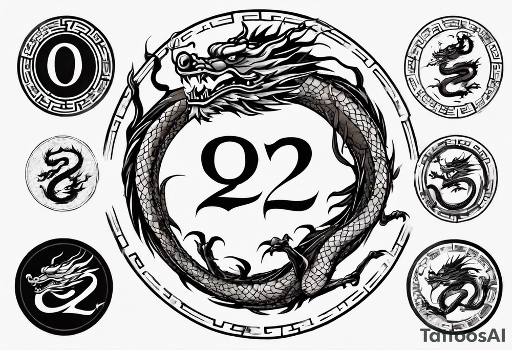 Chinese dragon in a circular shape with "02.03" written on its skin tattoo idea