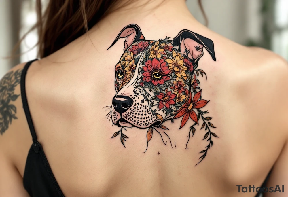 Pitbull made of floral patterns, full-body design with brown fur subtly blending into red and yellow flowers and green vines. tattoo idea