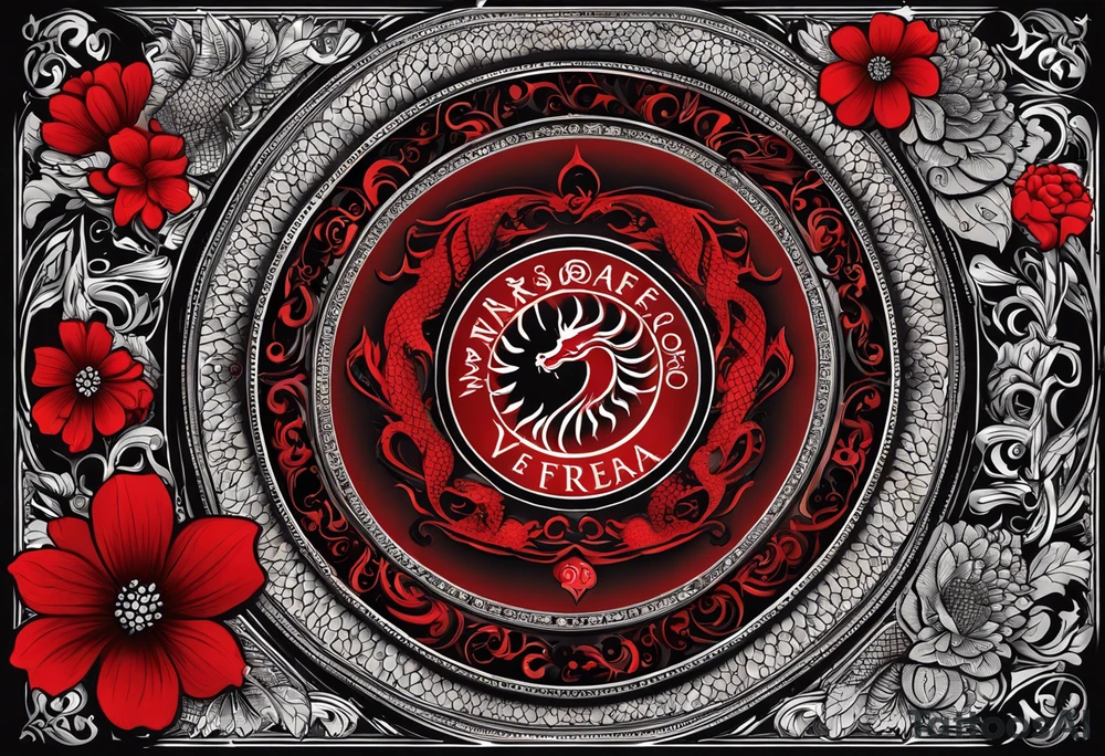 Quiero un tatuaje en toda la espalda con dos dragones verticales uno en frente del otro (uno con faceta fiera y el otro con faceta amable), con un sol o luna rojo en medio, y otros detalles de letras en chino y flores tipo cerezo (en rojo y negro) tattoo idea