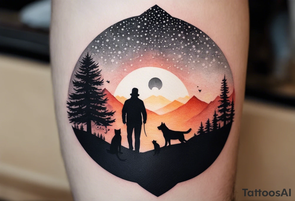 nature, sunset, mountains, a father and son hiking with their dog and cat and a cross tattoo idea