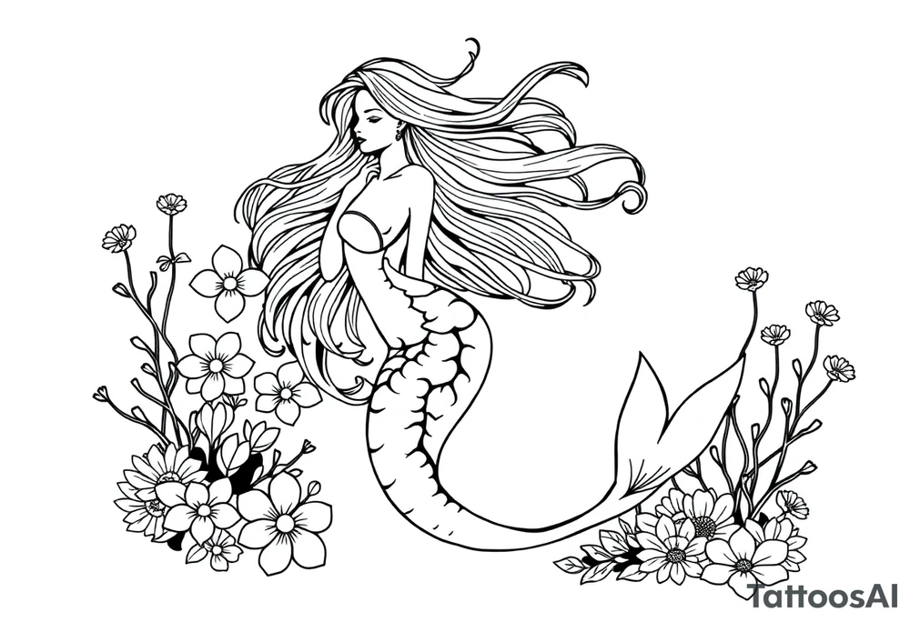 ethereal mermaid with flowing hair among coral and sea flowers weird tattoo idea