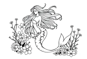 ethereal mermaid with flowing hair among coral and sea flowers weird tattoo idea