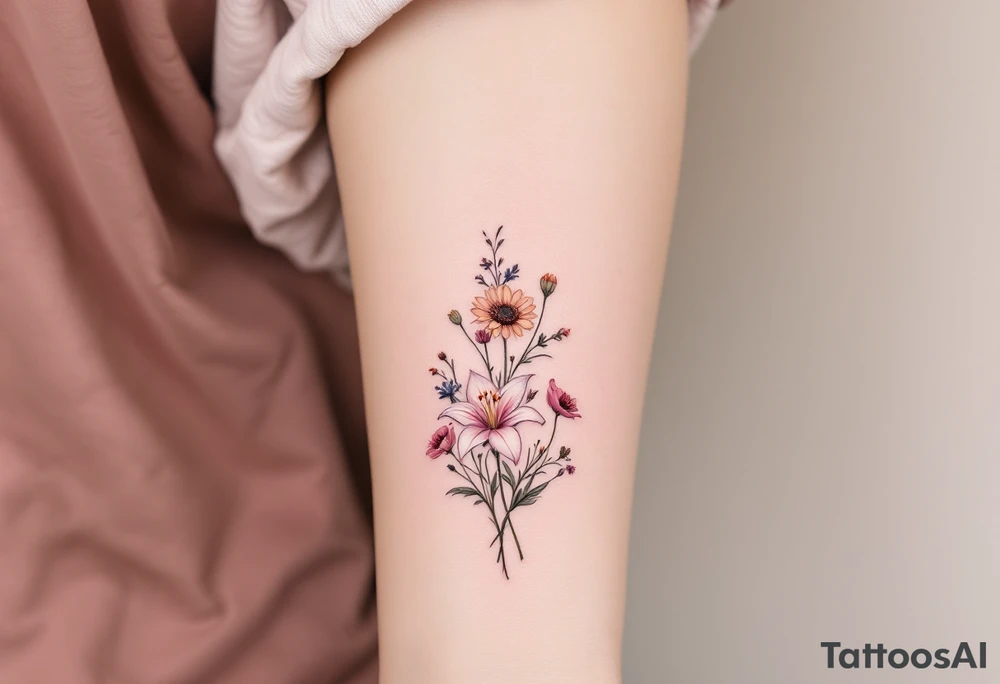 stargazer lillies in light pink with small sunflowers and poppies in a dainty wildflower bouquet with stems tattoo idea