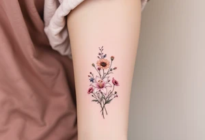 stargazer lillies in light pink with small sunflowers and poppies in a dainty wildflower bouquet with stems tattoo idea