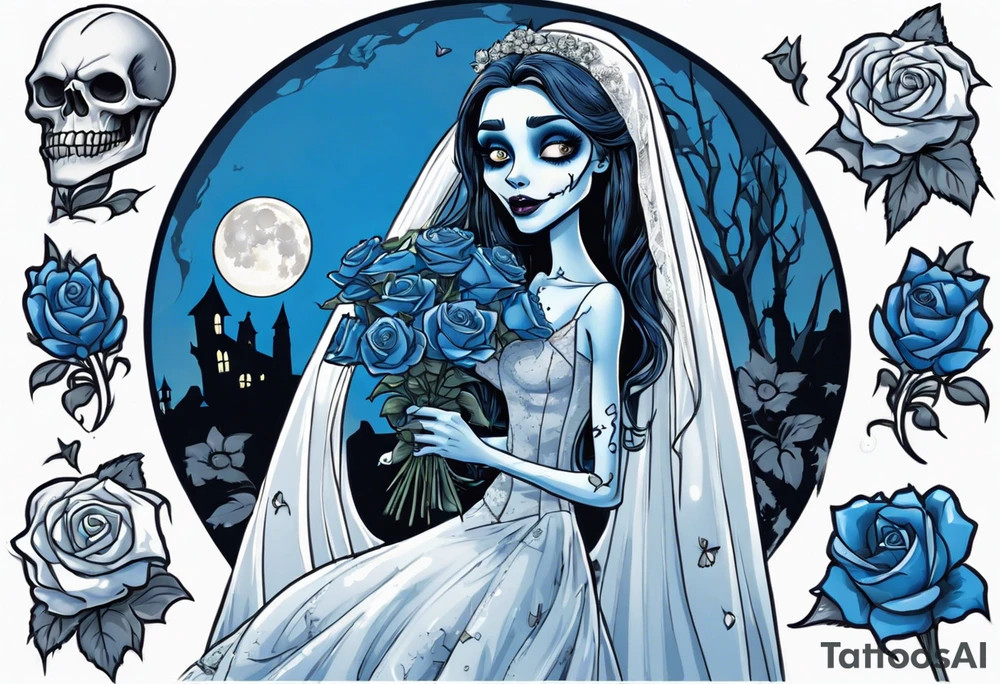 corpse bride Emily wearing a wedding dress she is holding a blue rose bouquet of flowers. one white daisy in the middle of the bouquet. one blue butterfly. A full moon on the background. full grown tattoo idea