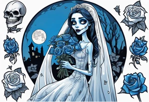 corpse bride Emily wearing a wedding dress she is holding a blue rose bouquet of flowers. one white daisy in the middle of the bouquet. one blue butterfly. A full moon on the background. full grown tattoo idea