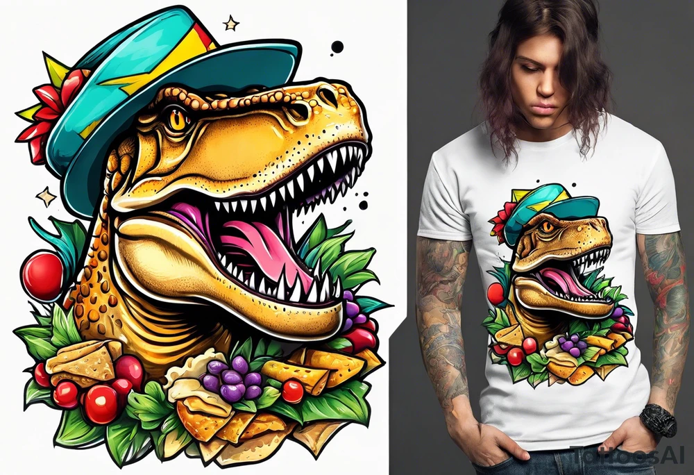 T-rex wearing pinwheel hat, eating a cheeseburger tattoo idea