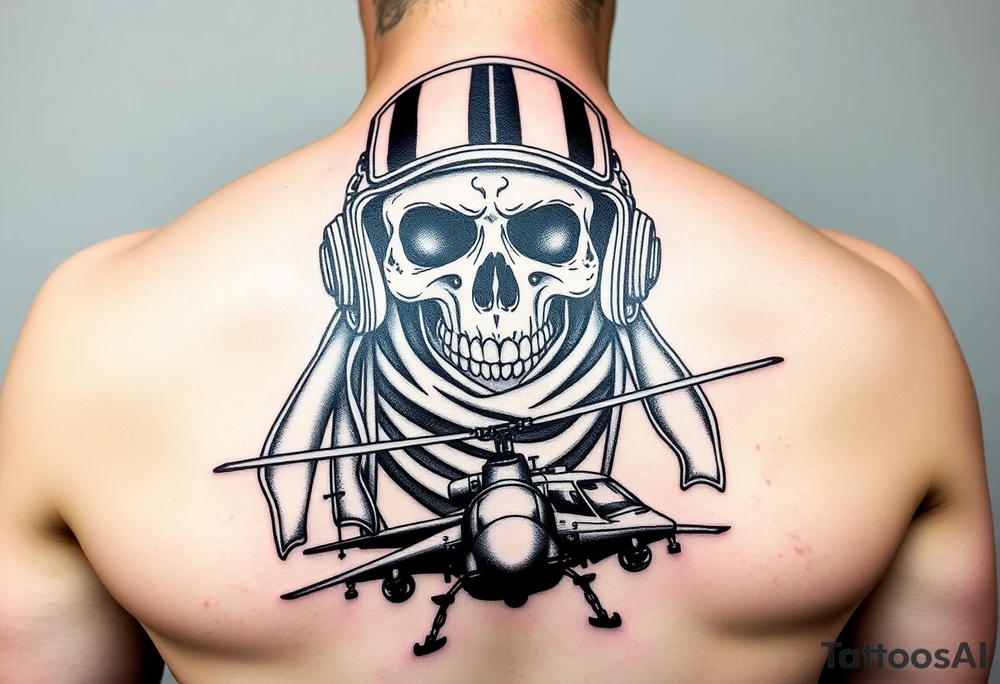 Skull in flying helmet and scarf over a puma helicopter and a wessex helicopter tattoo idea