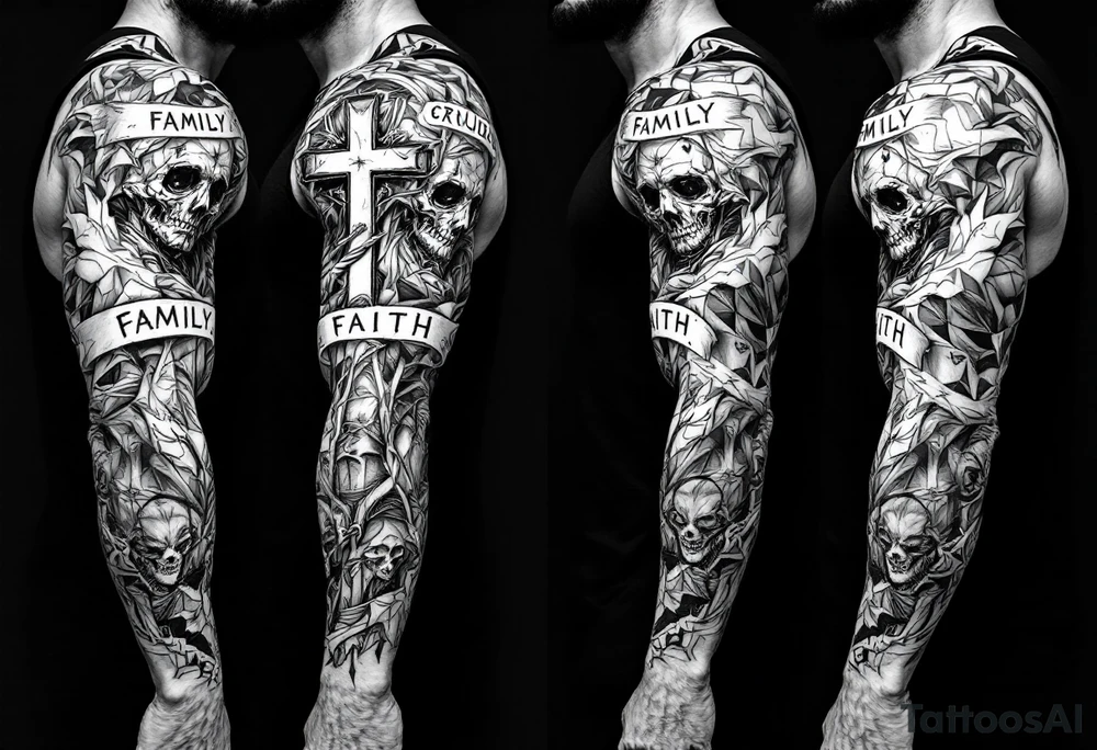 A full sleeve focusing on personal struggle, family, faith, and perseverance tattoo idea