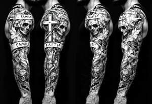 A full sleeve focusing on personal struggle, family, faith, and perseverance tattoo idea