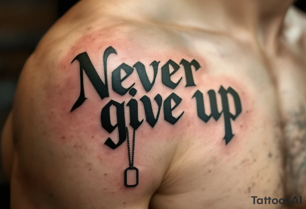 "Never give up" in military stencil font, in olive green with dog tags hanging from one letter. tattoo idea